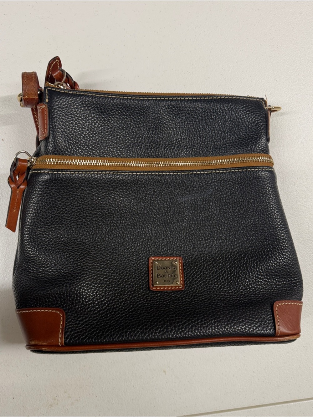 Dooney & Bourke Black Pebbled Leather Messenger with Brown Trim
